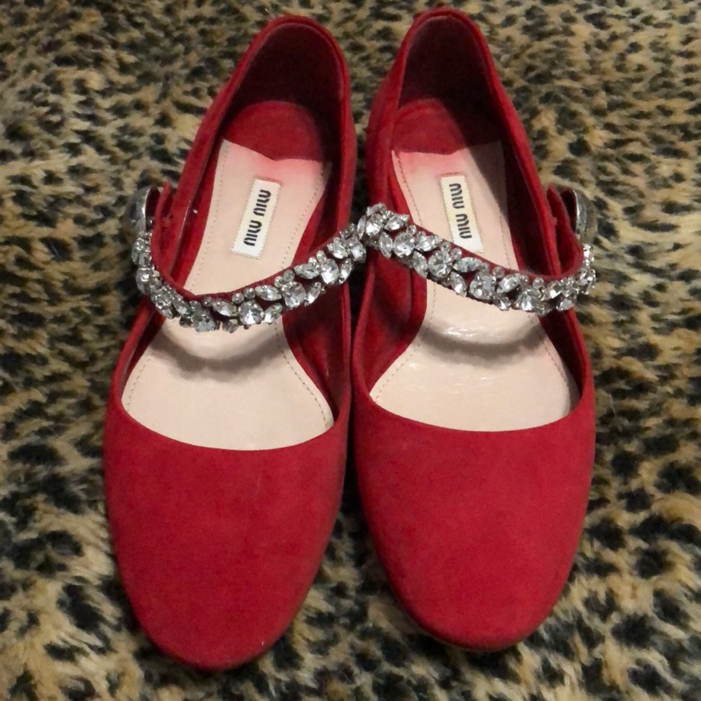 Miu Miu Red Suede Jeweled Mary Jane Flats